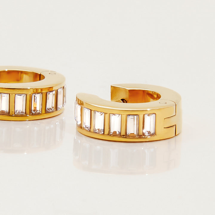 J&D Stainless Steel Waterproof 18K PVD Gold Plating Crystal Rectangle Stone 15MM Small Huggie Earrings