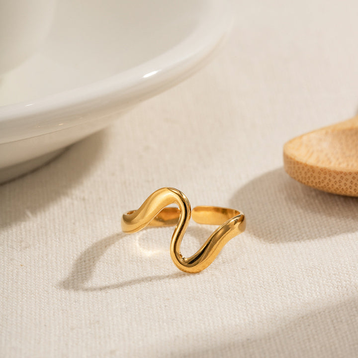 Daily Simple Minimalist Stainless Steel Opening Ring 18K Gold Plated Irregular Curved Rings for Women's Wedding and Party