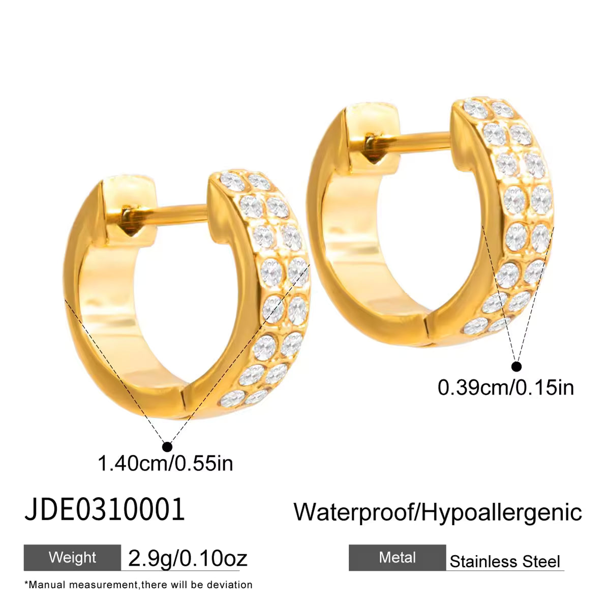 Elegant Rhinestone Hoop Earring 18K Gold Stainless Steel Classic White Crystal Chunky U Shape Hoop Earrings