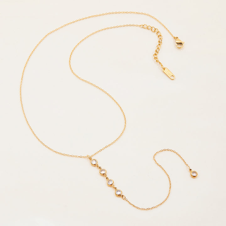J&D 18K PVD Gold Plate Stainless Steel Necklace Waterproof Modern Minimalist White Zircon Pendant Y Chain
