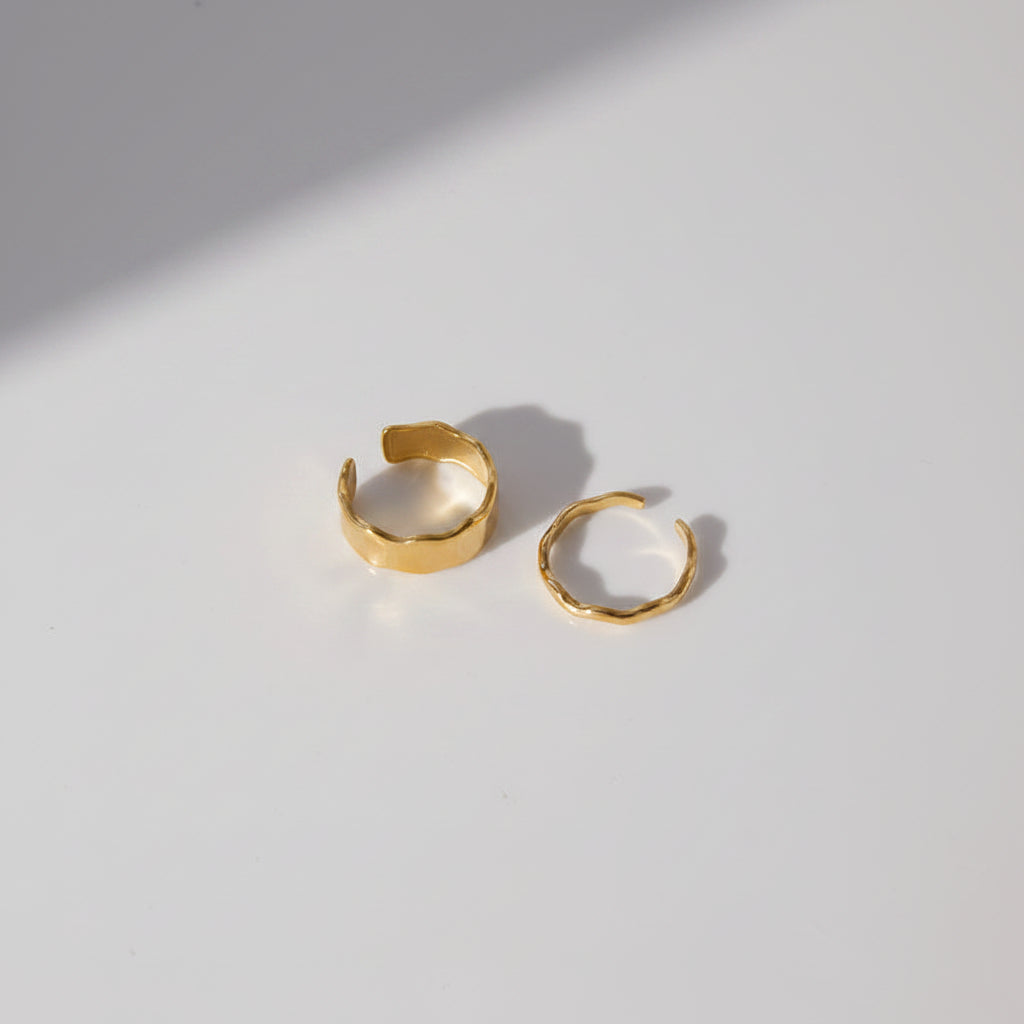 J&D 18K Stainless Steel Bezel Setting Minimalist Wave Ring Set-Pair of Gold Adjustable Open Bands