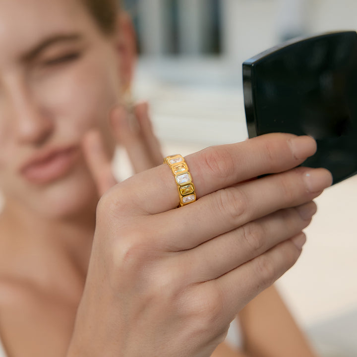J&D 18K Gold PVD Stainless Steel Ring Rectangle Multi Color Zirconia Inlaid Tarnish Free Baguette Cut Luxury Female Jewelry