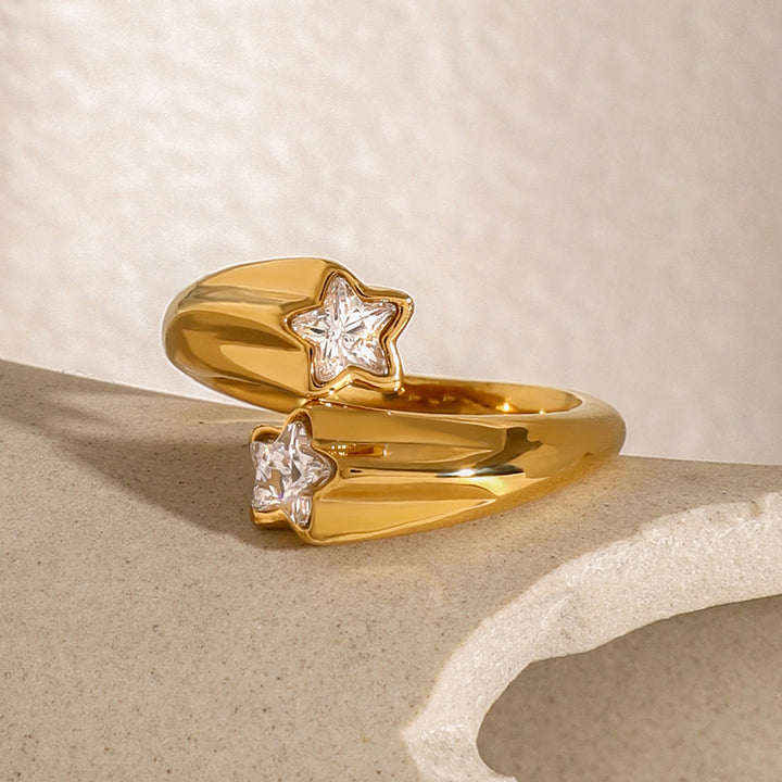 J&D Women Elegant Jewelry 18K Gold Plated Stainless Steel Asymmetrical Open Five-point Star Zircon Ring