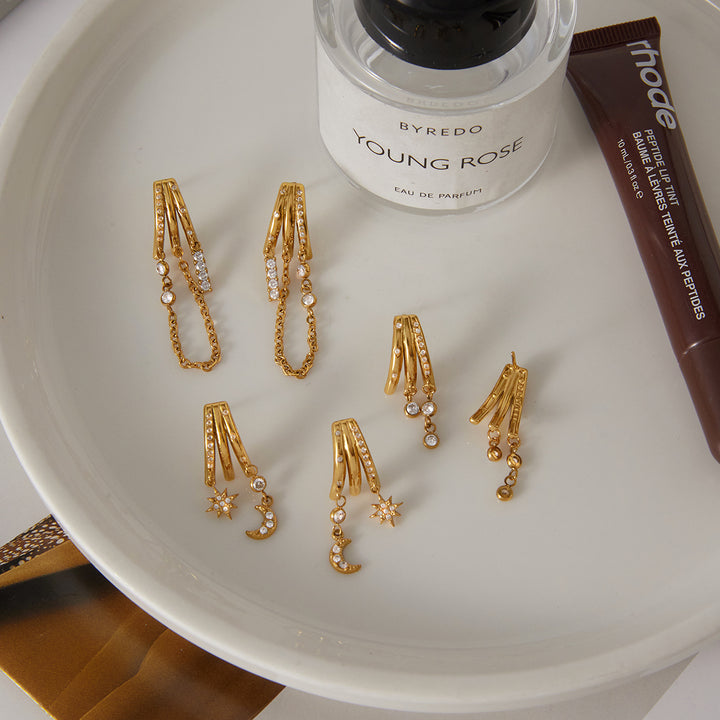 J&D Luxurious Three Layer Fringe Earrings 18K Gold Plated Stacked Square Pendant with Crystal and Zircon Dazzling Drop Earrings