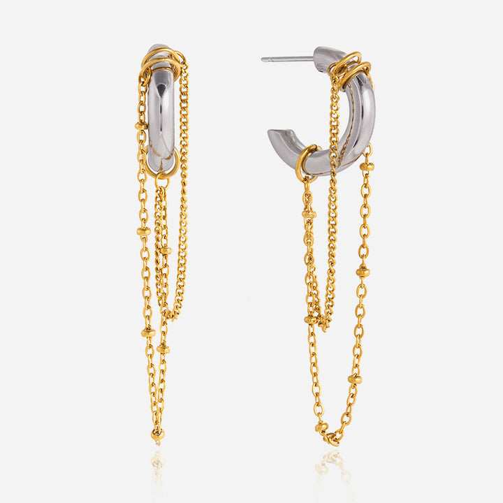J&D Minimalist Fashion Two Tone Hoop Earring 18K Gold Stainless Steel Classic Bicolor Chain CC Hoop Tassel Earring