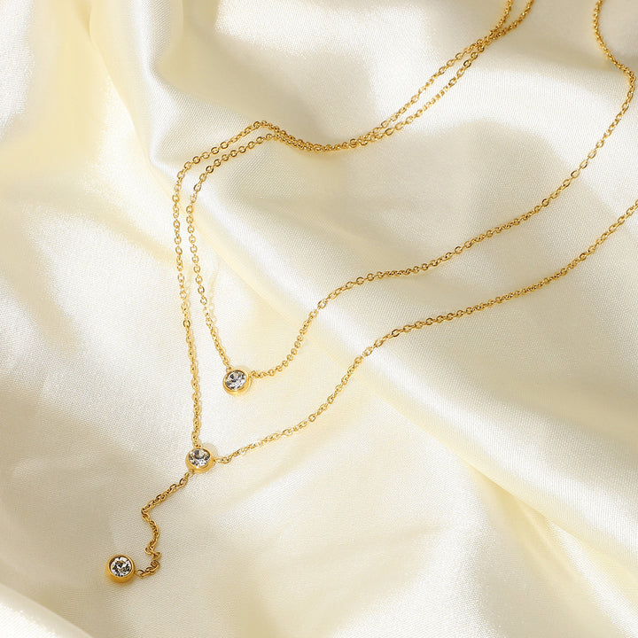18K Gold Stainless Steel Y Shaped Dainty Chain Double Layer Shiny Cubic Zirconia Lariat Necklaces