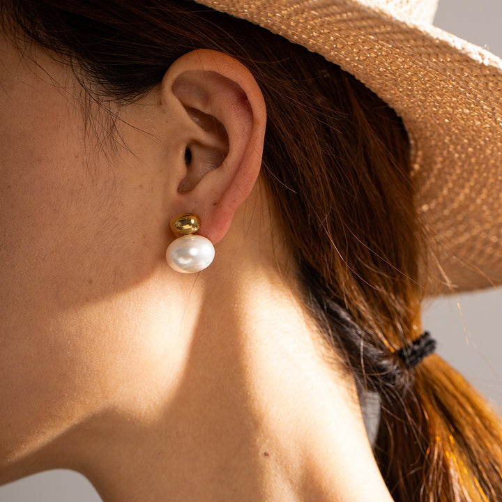 Trendy Women's 18K Real Gold Plated Stainless Steel Ball Earrings Classic Pearl Stub Drop Earrings
