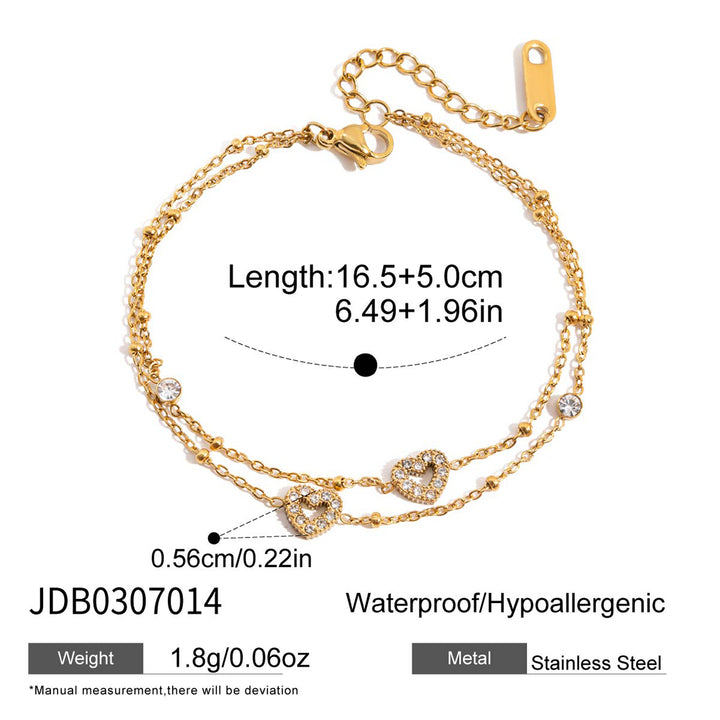 J&D Elegant Graceful Double Layer Heart Bracelet 18k Gold Stainless Steel Double Layer Rhinestone Turquoise Bead Chain Bracelet