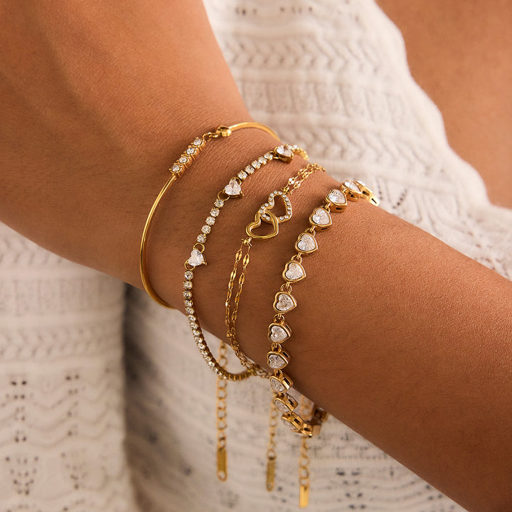 JD Romantic Open Heart Double Loop Bracelet for Women 18K Gold Plated with White CZ Crystals Dainty Valentine Gift Jewelry