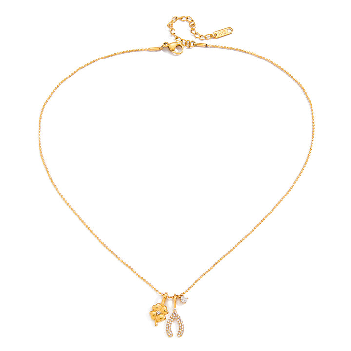 J&D 18K Gold Plated Stainless Steel Necklace Zircon Four Leaf Clover Wishbone Bead Chain Lucky Charms Necklace for Gift