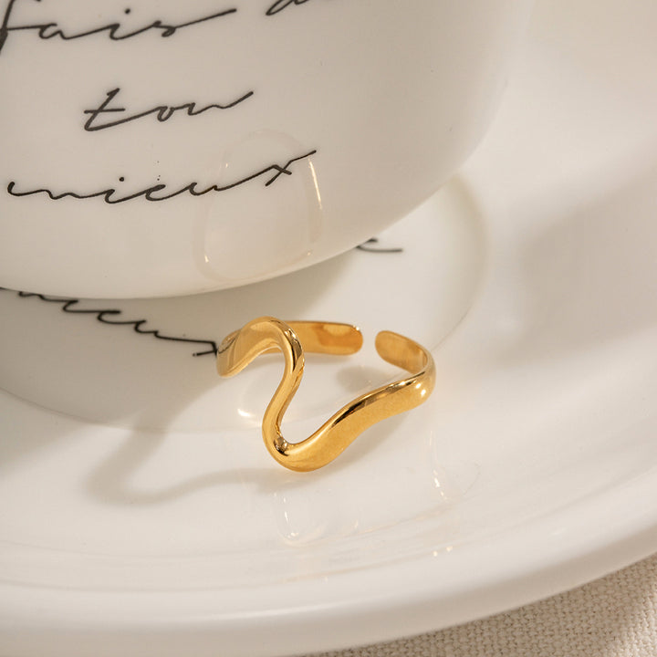 Daily Simple Minimalist Stainless Steel Opening Ring 18K Gold Plated Irregular Curved Rings for Women's Wedding and Party