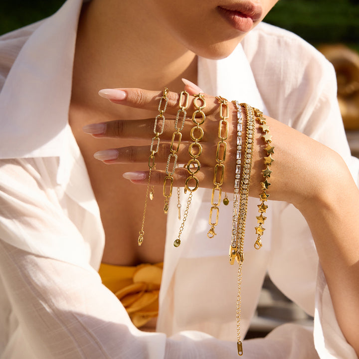 JD Trendy Elegant 18K Gold Plated White Zircon Oval Tennis Chain Bracelet Stackable Tennis Bracelet Adjustable Fashion Jewelry