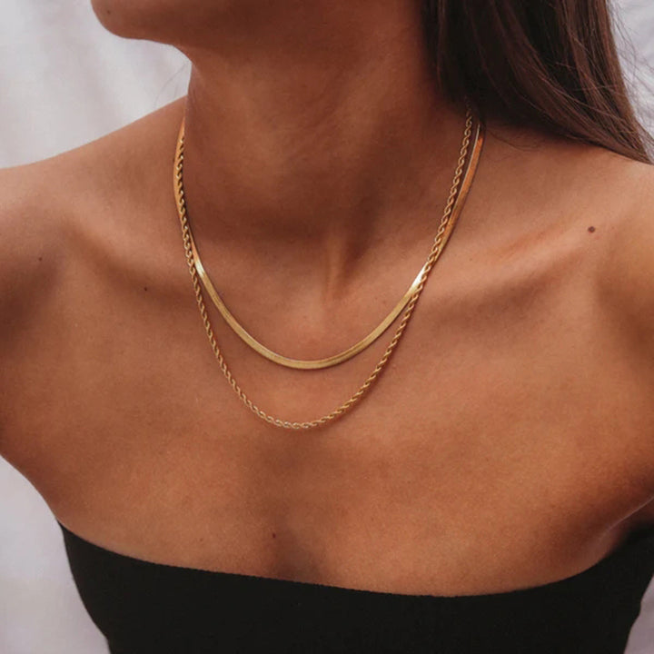 J&D Jewelry Waterproof 18K PVD Gold Plating Also Silver Colorway Two Layers Rope Flat Snake Chain Necklace