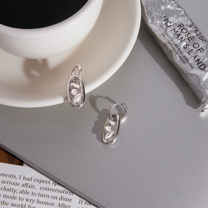 J&D Elegant Steel Earrings White Zircon Geometric Double Hoop Interlocking Waterproof Hypoallergenic Tarnish Free Jewelry