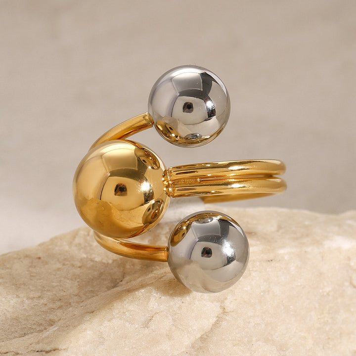 J&D Minimalist 18k Gold Stainless Steel Two Tone Mixed Color Three Layer Line Steel Ball Open Rings