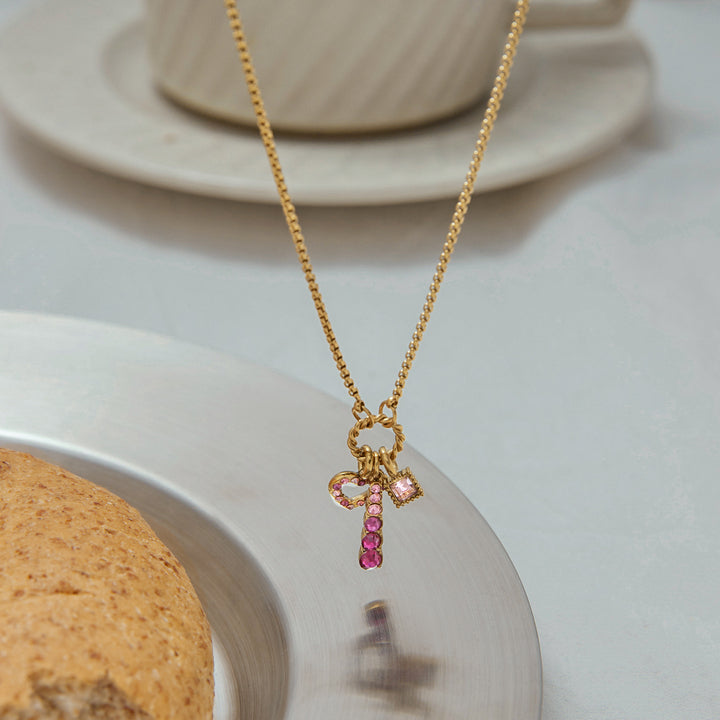J&D Romanic Love Hollow Heart Cute 3 in 1 Pink Zircon Block Charms Pendant Necklace