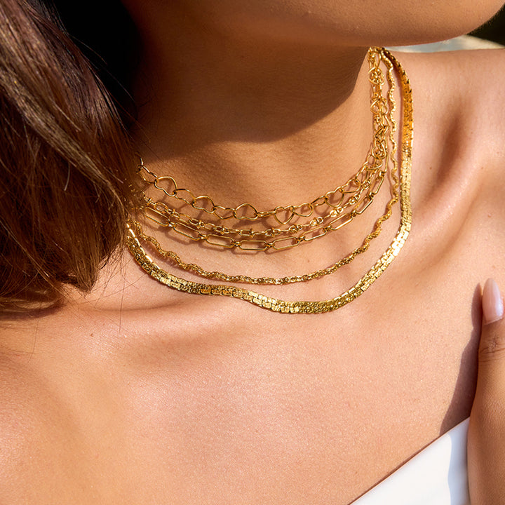 J&D Classic 18K Gold Stainless Steel Simple Minimalist Wave Twisted Chain Paper Clip Hollow Heart Chain Paper Link Necklace