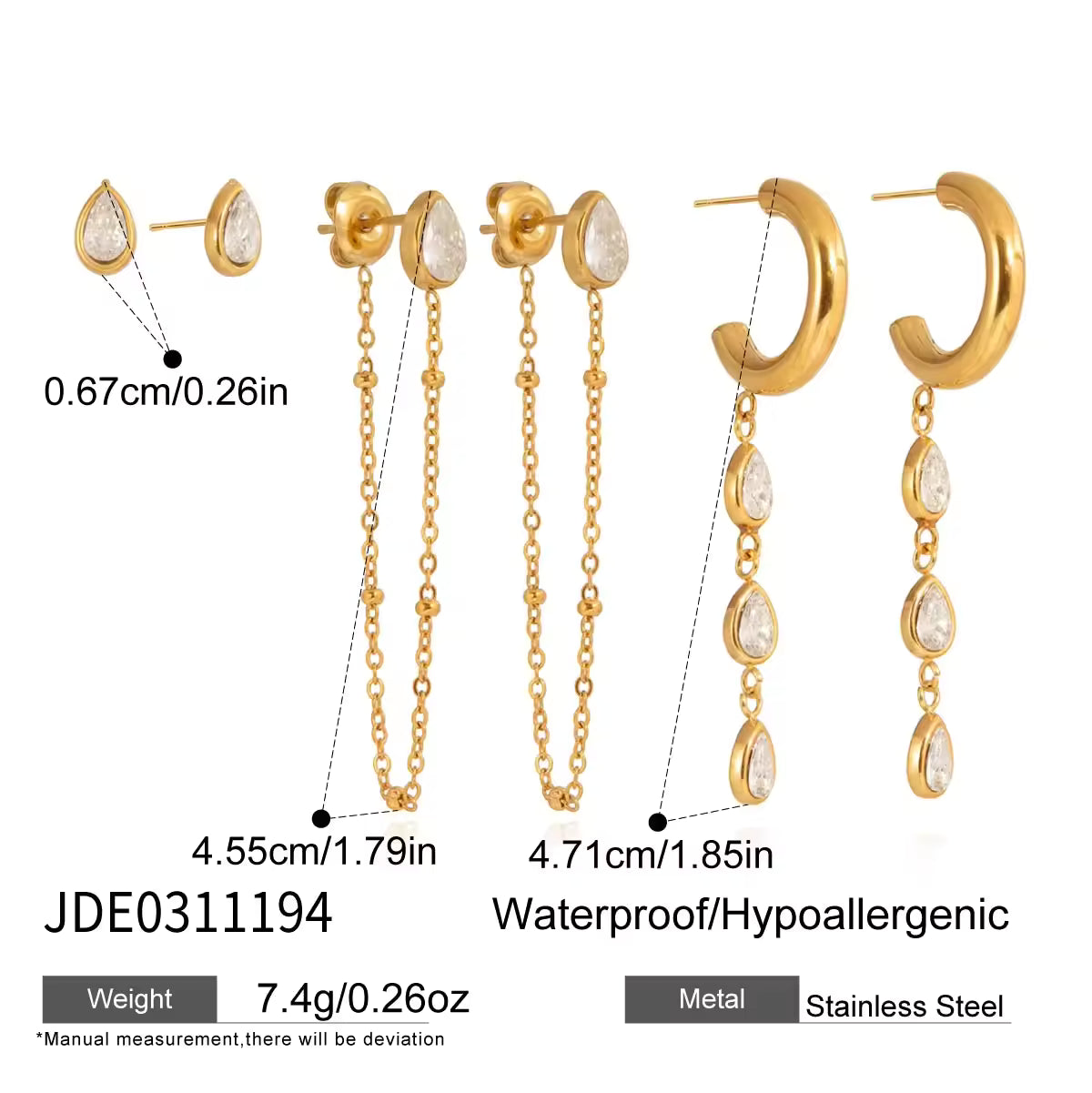 Elegant Tassel Earring 18K Gold Stainless Steel Fashion Delicate Square Water Drop Rhinestone Tassel Earring Set
