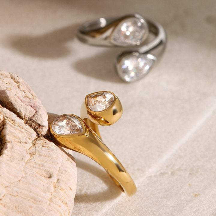 J&D Dainty Luxury Stainless Steel Women Jewelry Rings 18K Gold Asymmetric Water Drop Zircon Open Rings