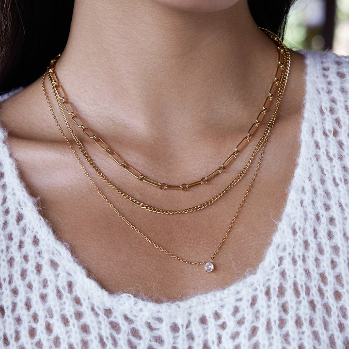 J&D Stainless Steel 18K PVD Gold Plating Three Layers Cuban Paper Clip O Shape Chain CZ Cubic Zircon Necklace