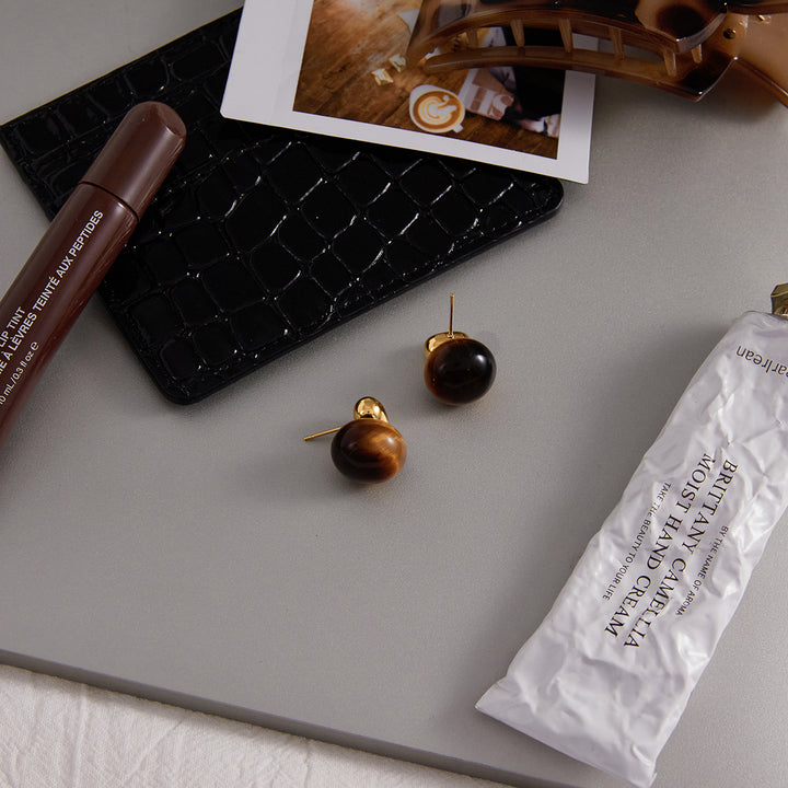 J&D Classic Retro Tiger Eye Earring 18K Gold Stainless Steel Natural Stone Earring Chunky Oval Tiger Eye Stone Earrings