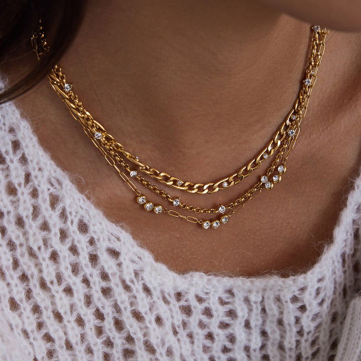 J&D Classic Zirconia Necklace 18k Gold Stainless Steel Fashion Zirconia Paper Clip Link Chain Cubic CZ Figaro Chain Necklace