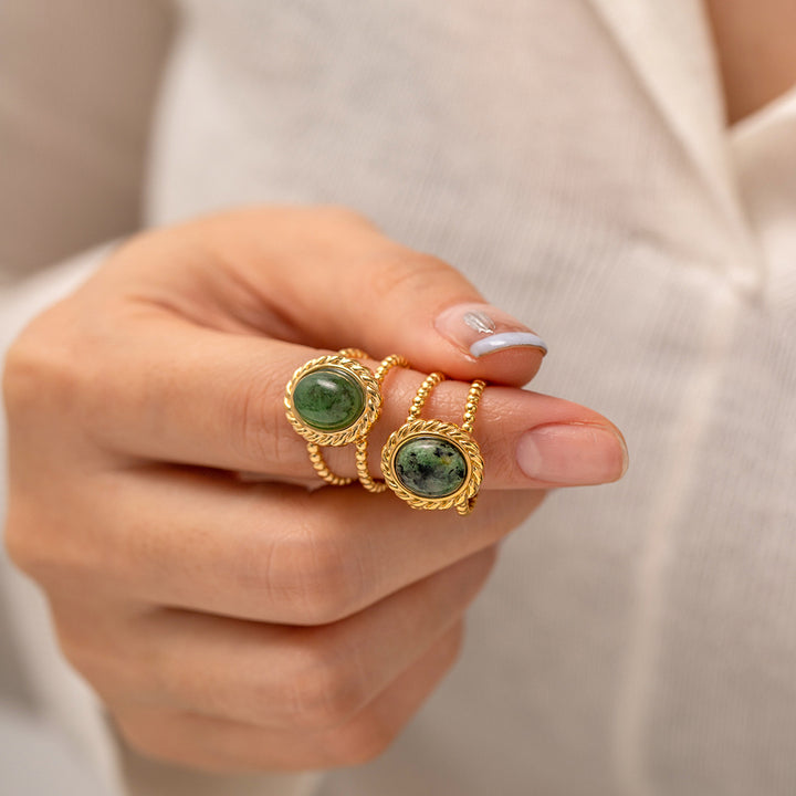 J&D Jewelry Natural Stone African Turquoise Agate Rope Sun 18K Gold Plated Stainless Steel Opening Rings