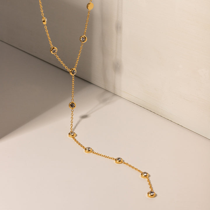 J&D Jewelry Dainty 18K PVD Gold Plated Stainless Steel Cubic Zirconia Long Y Shape Chain Necklace