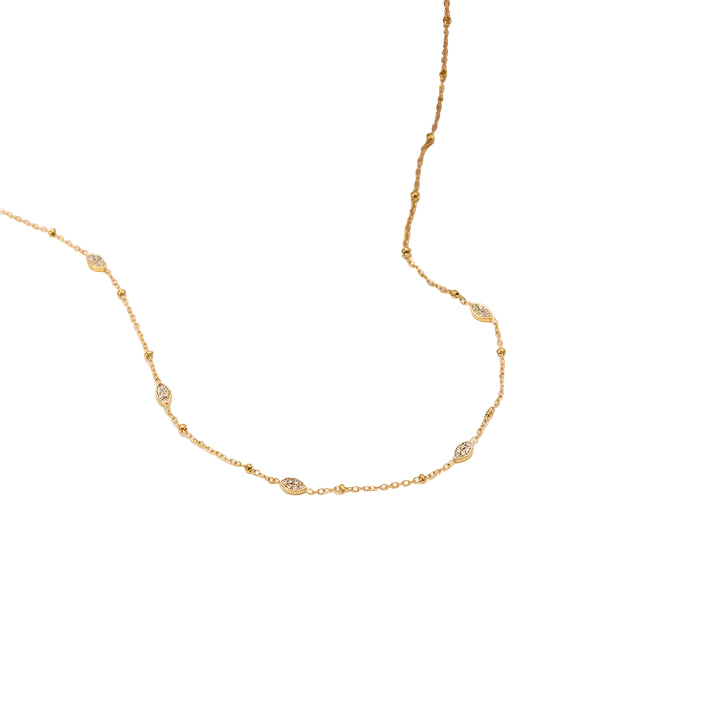J&D 18K PVD Gold Plate Stainless Steel Necklace Classic White Rhinestone Horse Eye Clip Bead Necklace