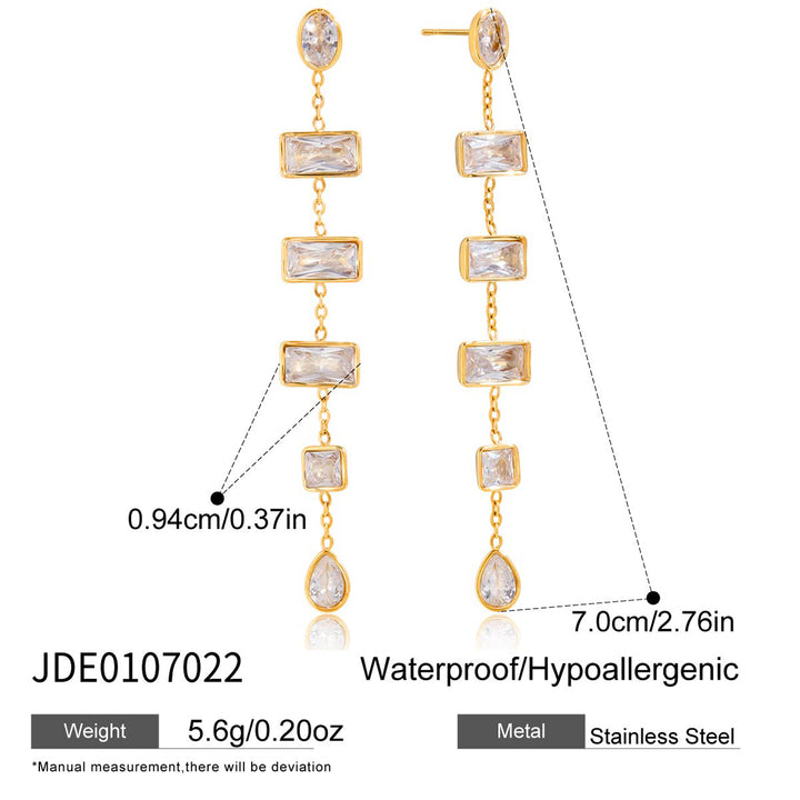 J&D Classic CZ Tassel Earring 18K Gold Plated Stainless Steel Square White Zircon Teardrop Zircon Tassel Earrings