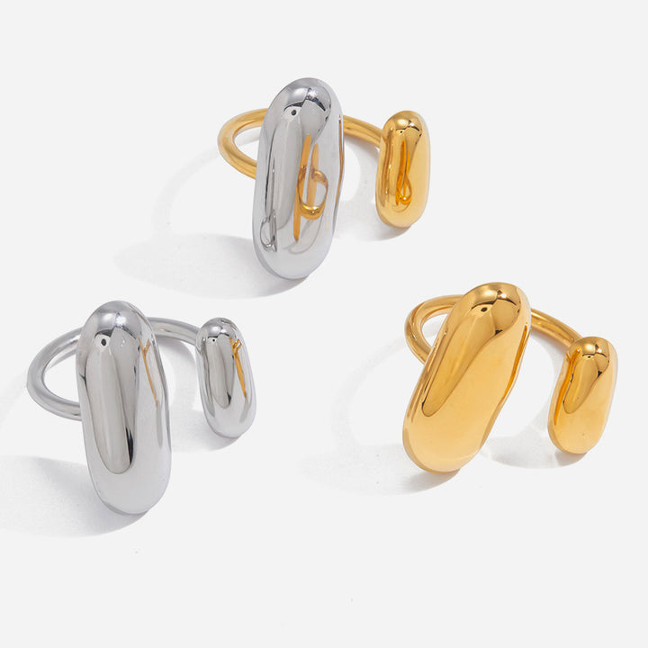 J&D Modern Minimalist Elliptical Bean Ring Stainless Steel Silver Gold Two Tone Polished Elliptical Gold Bean Open Ring