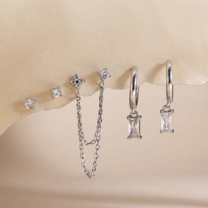 J&D Classic Lucky Leaf Asymmetric Earring Stainless Steel Silver Color Four Leaf Clover Square White Green Zircon Earring Set
