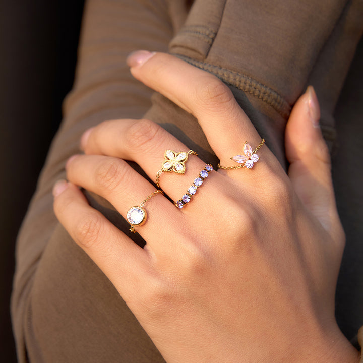 J&D Sweet 18K Gold Stainless Steel Ring with Colored Zircon Pull-out Adjustable Design