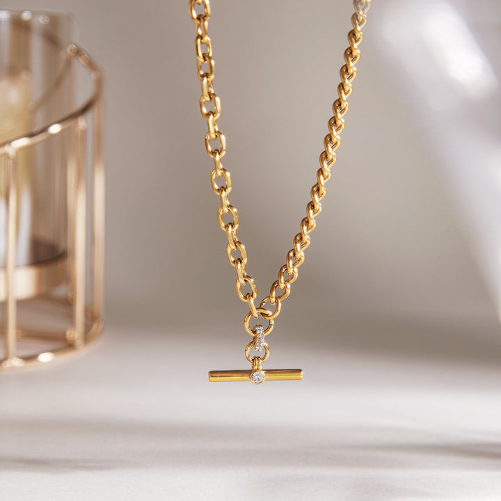 J&D Original Design Classic T Bar Necklace 18K Gold Stainless Steel Fashion Crystal T Bar Pendant Cuban Chain Necklace