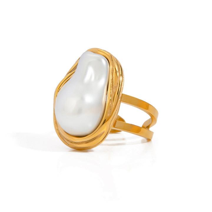 J&D Vintage Luxury Jewelry Stainless Steel 18K Gold Rings Women Handmade Big Baroque Pearl Open Rings
