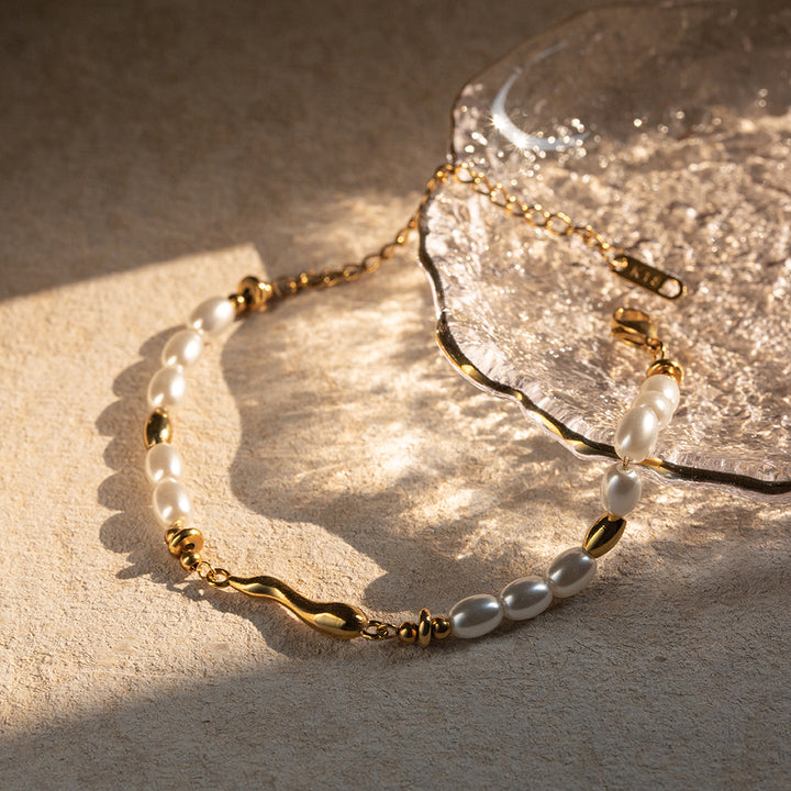 Glass Pearl Beads Chain Bracelet Jewelry Gift 18k Gold Plated Stainless Steel Simple Daily Bracelet for Women