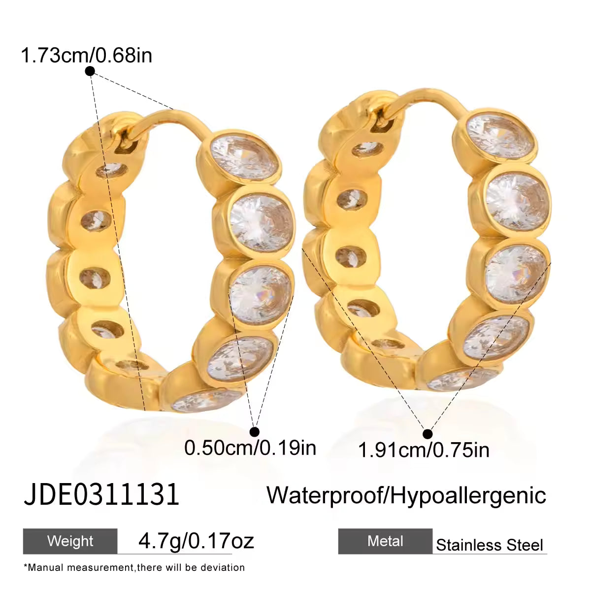 Delicate CZ Hoop Earring 18K Gold Plated Stainless Steel Classic White Round Oval Zirconia Hoop Earrings