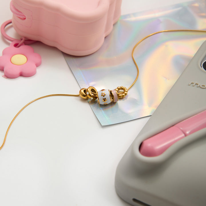 J&D Fashion Lucky Bead Pendant 18K Gold Stainless Steel Square Pink Rhinestone Heart Flower Circle Lucky Bead Necklace