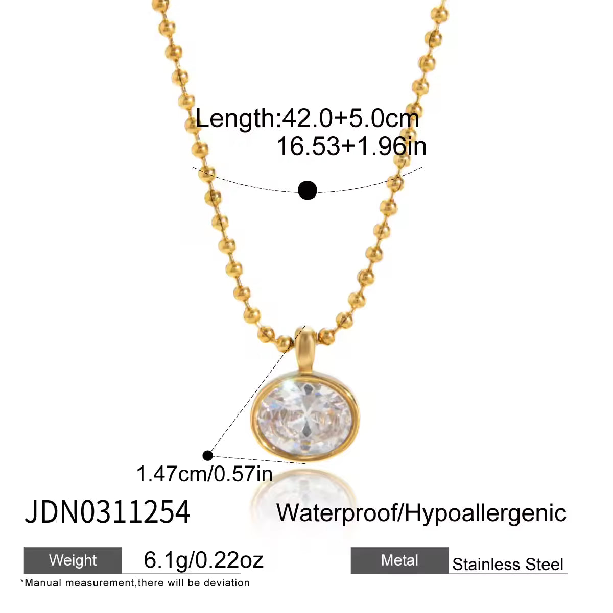 Oval Marquise White CZ Stainless Steel 18K Gold Plated Classic Statement Ball Chain Necklace Gift for Women Daily Office