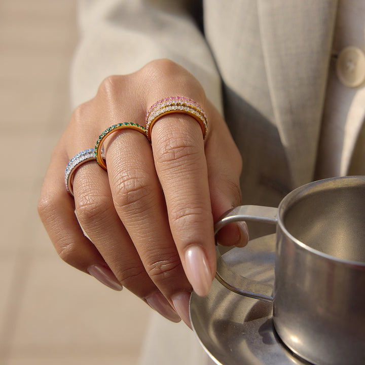 J&D Classic Style 18K Gold Stainless Steel Full Circle A-grade Colorful Zircon Exquisite Rings Set