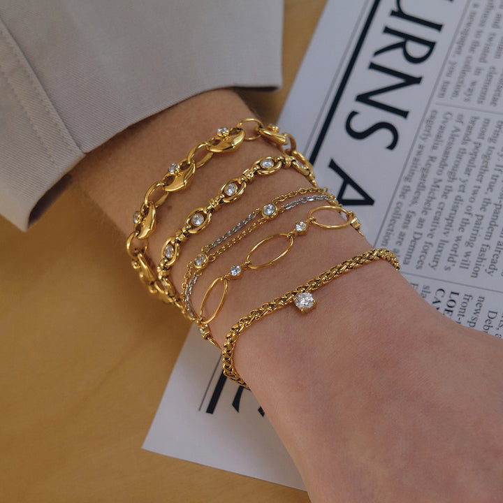 J&D Elegant Zircon Chain Jewelry Set 18K Gold Stainless Steel Classic White Zircon Handmade Tassel Earrings Bracelet