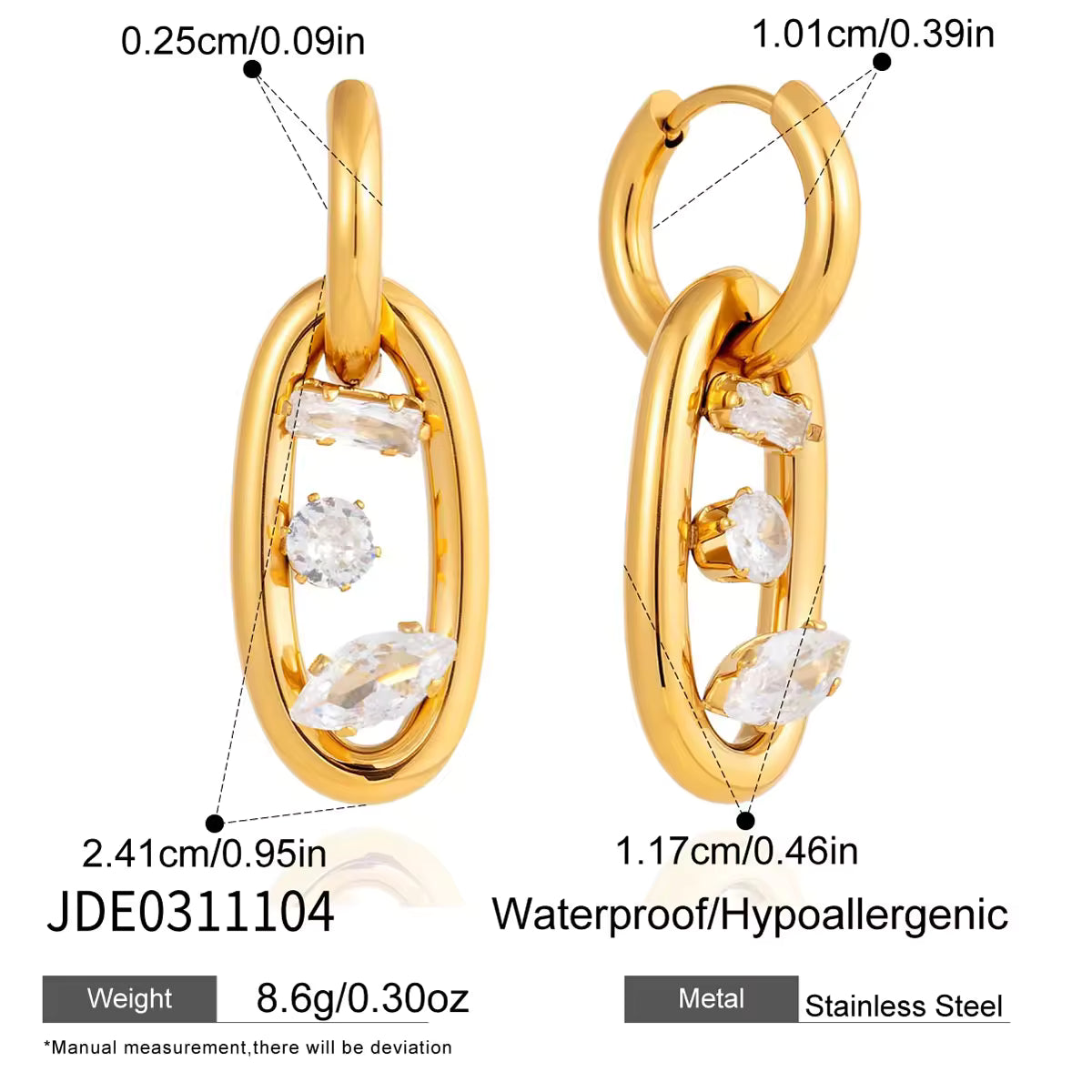 Elegant Steel Earrings White Zircon Geometric Double Hoop Interlocking Waterproof Hypoallergenic Tarnish Free Jewelry