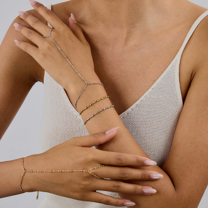 J&D 18K Gold Plated Stainless Steel Bracelets Holiday Classic Rice Bead Hand Chain Finger Bracelet