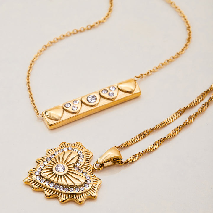 J&D Women 18K Gold Plated Stainless Steel Textured Square Pendant Necklace Ribbed Heart Accent Zircon Trendy Necklace Jewelry