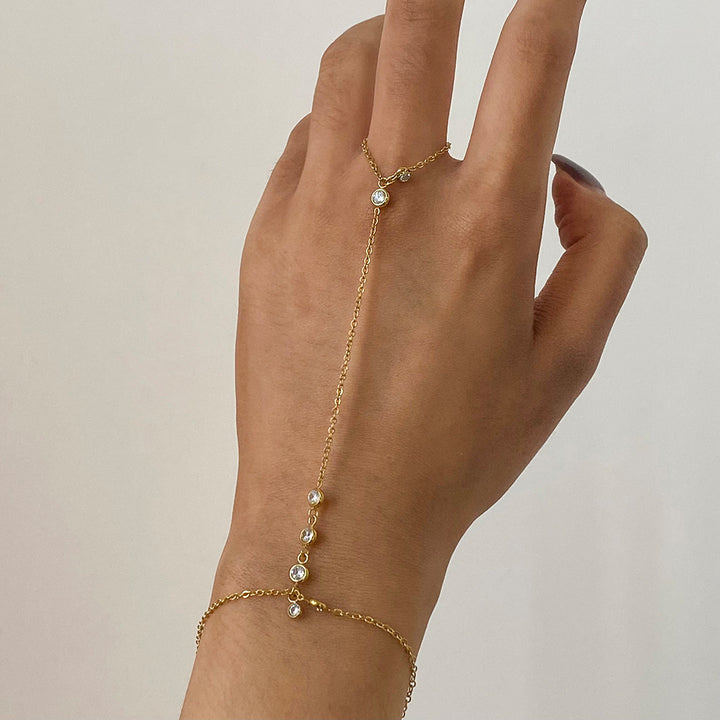 J&D Fashion Jewelry 18K Gold Plated Stainless Steel Channel Cubic Zircon Finger Bracelet Hand Chain