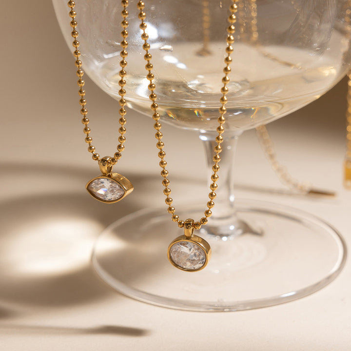 J&D Oval Marquise White CZ Stainless Steel 18K Gold Plated Classic Statement Ball Chain Necklace Gift for Women Daily Office
