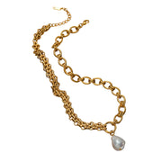 J&D Ocean18K PVD Gold Plating Stainless Steel Chunky Chain Peal Pendant Necklace