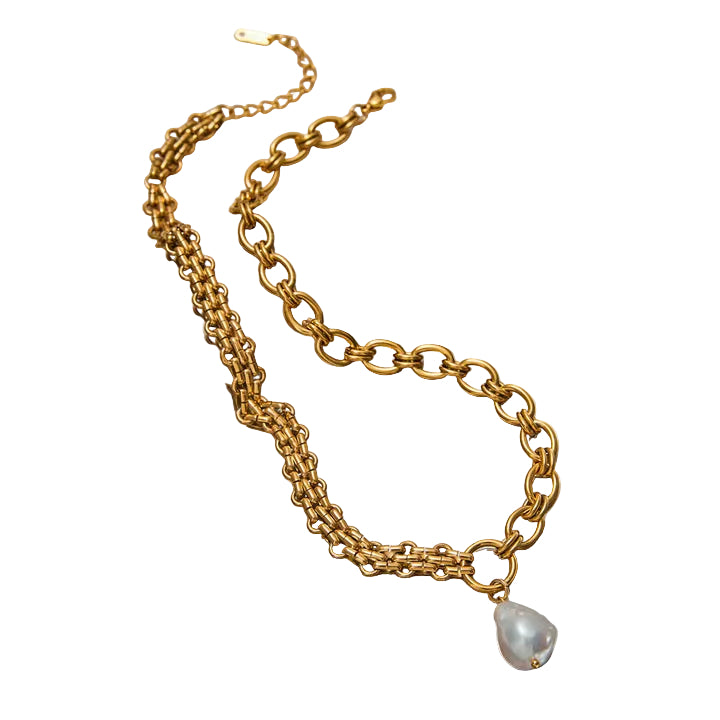 J&D Ocean18K PVD Gold Plating Stainless Steel Chunky Chain Peal Pendant Necklace