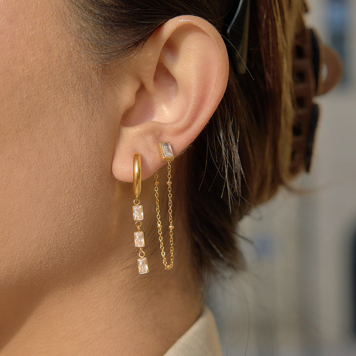 J&D Elegant Tassel Earring 18K Gold Stainless Steel Fashion Delicate Square Water Drop Rhinestone Tassel Earring Set