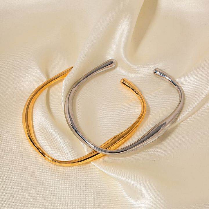 18K Gold and Silver Plated Water Wave Irregular Opening Stainless Steel Bangles Simple Style for Women